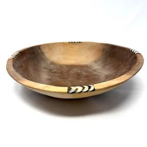 Hand Carved Wooden Bowl with Zebra Pattern Bone Inlay Tribal Boho Decor 12 Inch